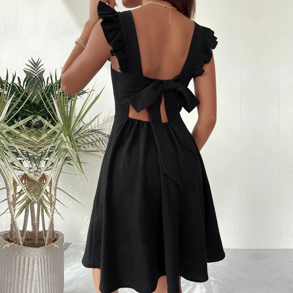 Sundress Women Clothing New Street Strap Sweet Office Medium Waist Black Dress