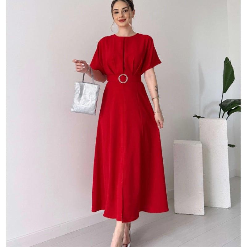 Women Spring Summer Solid Color Chest Pleated Drawstring Dress Long Dress