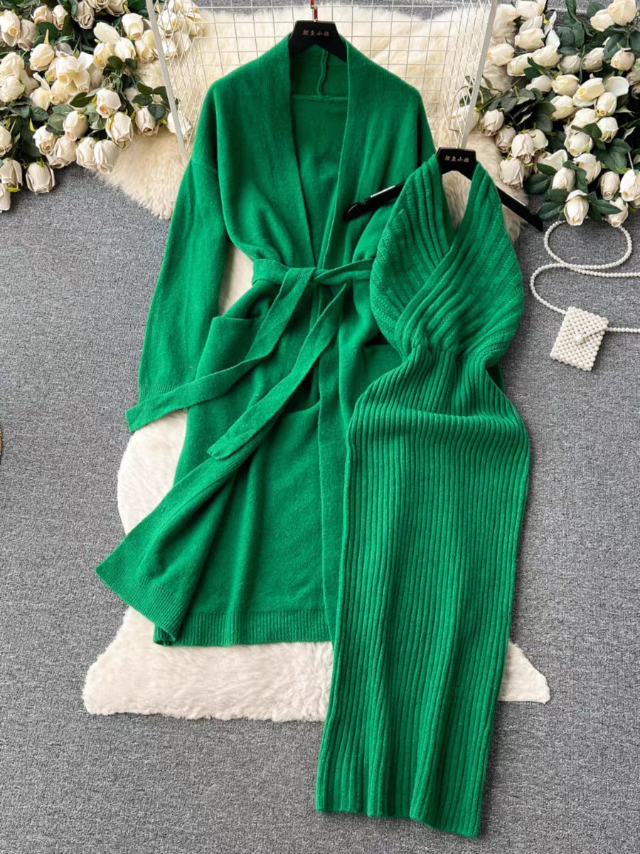 Autumn Winter Solid Color Elegant High Grade Cardigan Slim Fit Halter Dress Knitting Suit