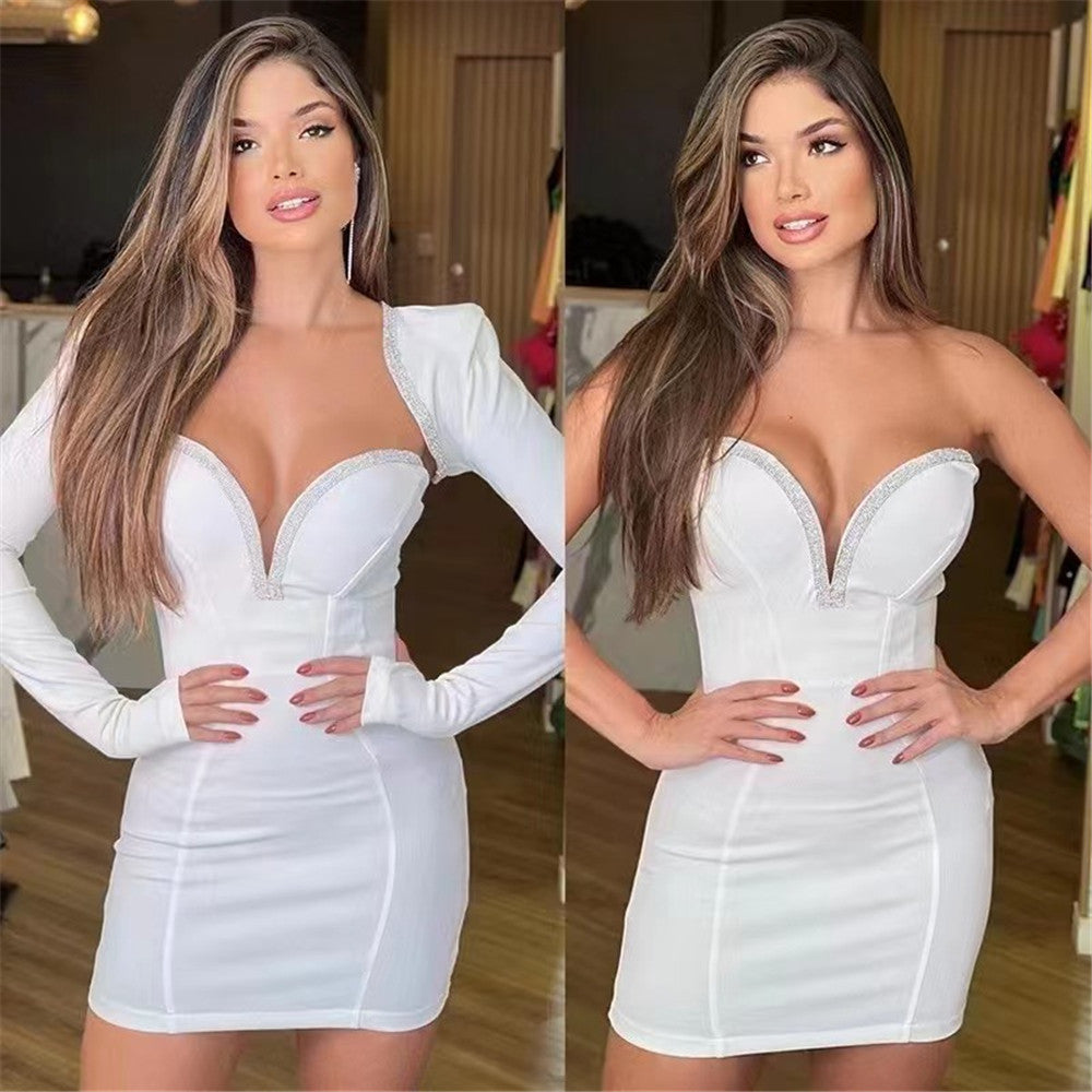 Conjunto de dos piezas, vestido de vendaje, vestido sexy con parte superior de tubo y diamantes, abrigo pequeño, conjunto de dos piezas