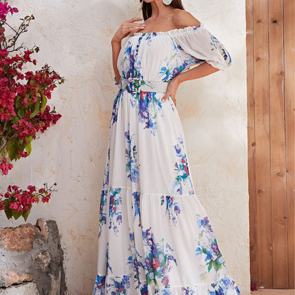 Robe longue en mousseline de soie à manches courtes et motif floral, robe longue de vacances décontractée à taille serrée, grande robe trapèze