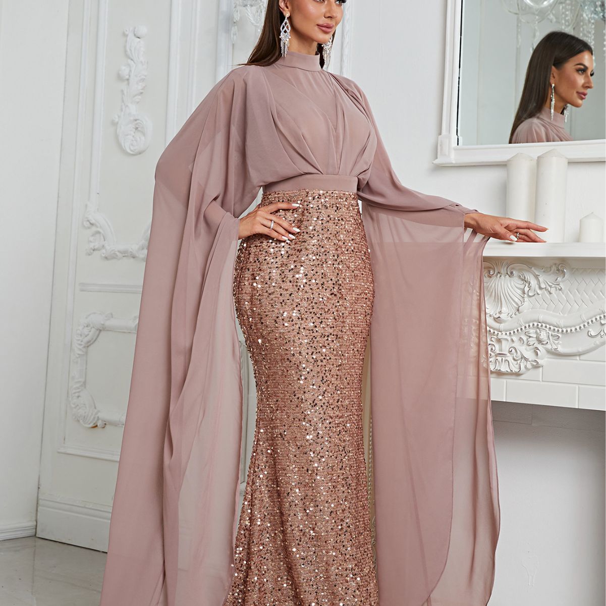 Robe à paillettes, col roulé, maille, robe de soirée, robe queue de poisson