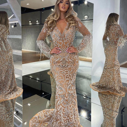 Spring Women Clothing Evening Dress Women Fishtail Gold Tassel Elegant Sexy Dress