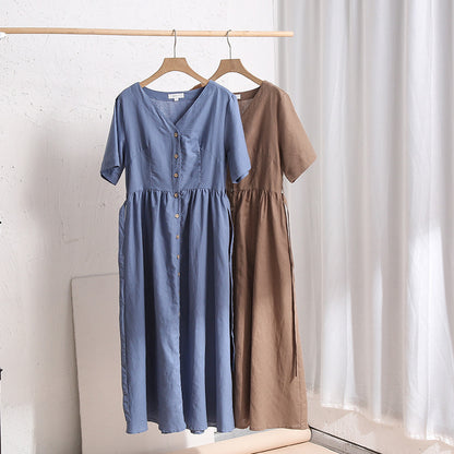 Spring Summer Nordic Cotton Linen Dress V neck Tight Waist Side Slit Design Slim Fit Elegant Lady Sleeping Dress