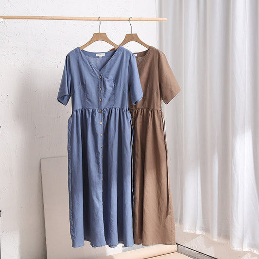 Spring Summer Nordic Cotton Linen Dress V neck Tight Waist Side Slit Design Slim Fit Elegant Lady Sleeping Dress