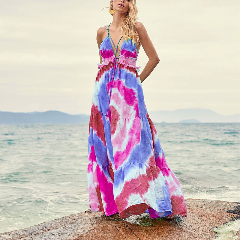 Vestido camisero con estampado de rayas oblicuas con degradado tie dye para primavera y verano