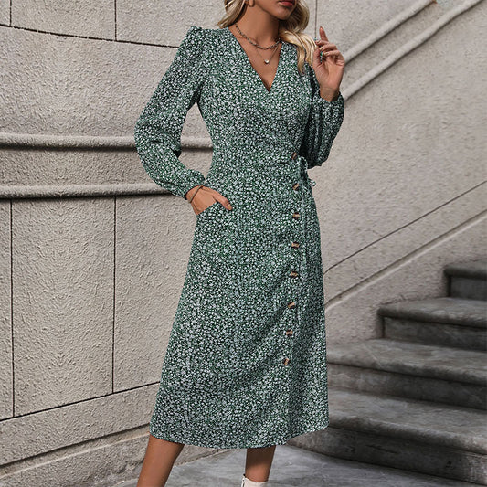 Vêtements d'automne pour femmes, couverture sur le ventre, robe florale à manches longues