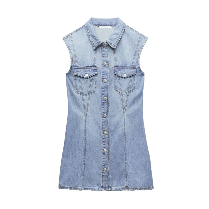 Robe d'été en Denim pour femmes, col, sans manches, gilet, droite, Slim, simple boutonnage