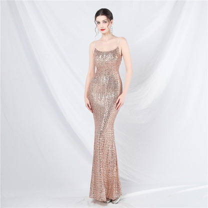 Women Colorful Sequin Suspender Evening Dress