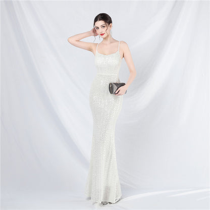 Women Colorful Sequin Suspender Evening Dress