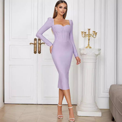 Robe de soirée mi-longue à manches longues, haut tubulaire rétro Simple, Slim, fente avant, été