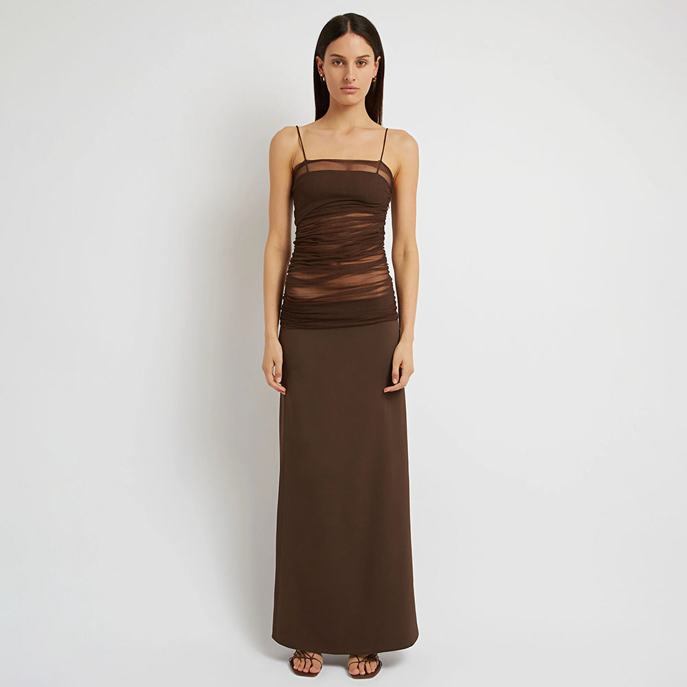 Women Summer Brown Mesh Pleated Semi Transparent Cami Dress Bandage Stretch Dress