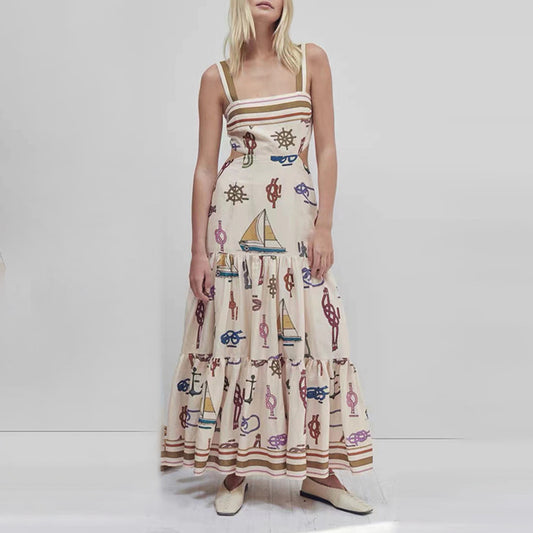 Printed Vacation Dress Autumn Suspenders Sexy Waist Hollow Out Cutout out Maxi Dress