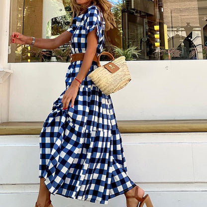 Summer Stand Collar Short Sleeve Bohemian Mid Length Plaid Dress