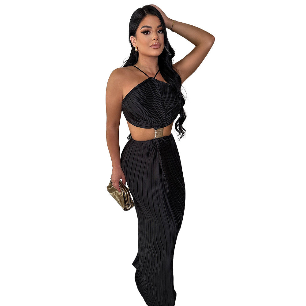 Women Pleated Sexy Lacing Evening Dress Back Slit Dress