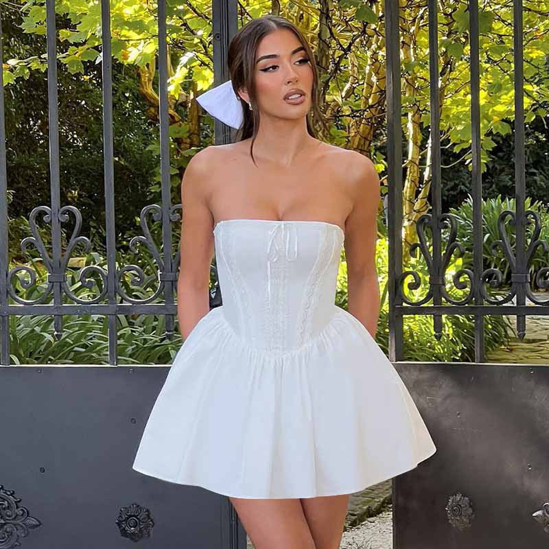 Été Sexy Sexy courte dentelle bustier tubulaire une ligne robe femmes