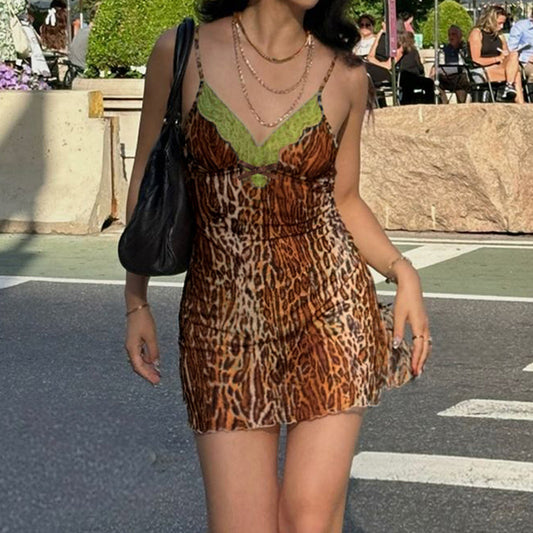 Sexy V Neck Sexy Leopard Print Slip Dress Animal Pattern Contrast Color Lace Dress