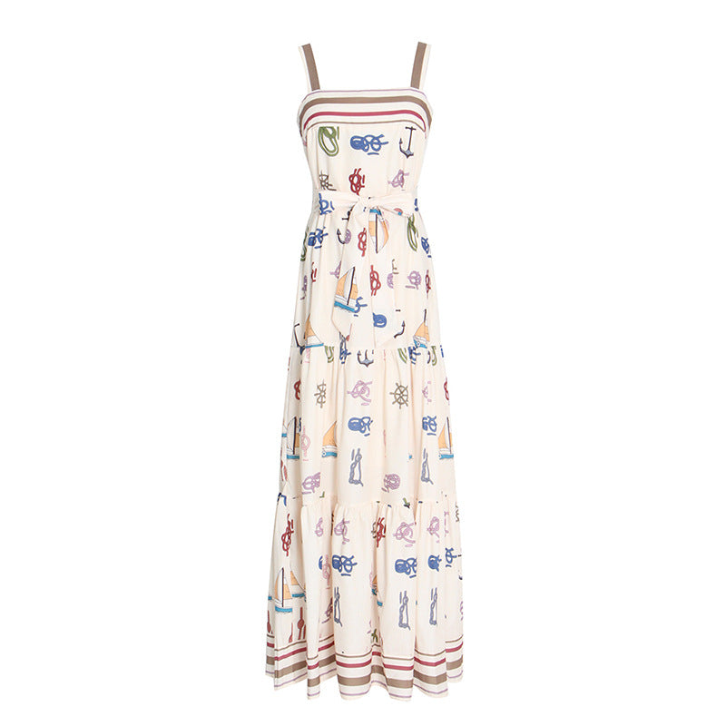 Printed Vacation Dress Autumn Suspenders Sexy Waist Hollow Out Cutout out Maxi Dress