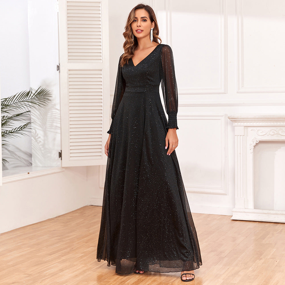 Long See through Sleeve Patchwork Maxi Dress V neck High Slit Big A Swing Shiny Full Lining Quality Evening Dress