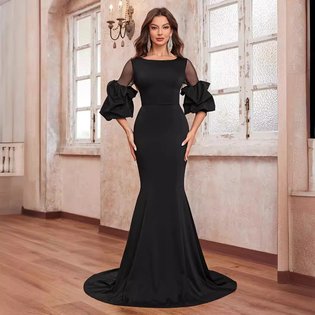 Women Simple Prom Evening Dress Crew Neck Long Sleeve Elegant Party Fishtail Dress Black Evening Dress