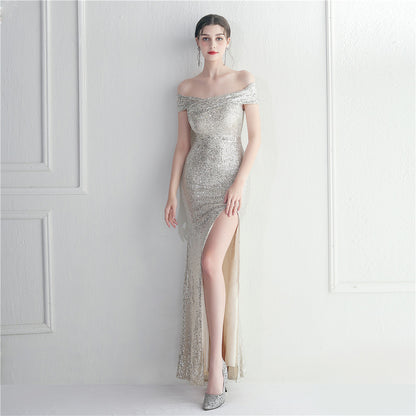 Classic Product Sequined off Neck Split Bridesmaid Etiquette Celebration Slimming Shaping Long