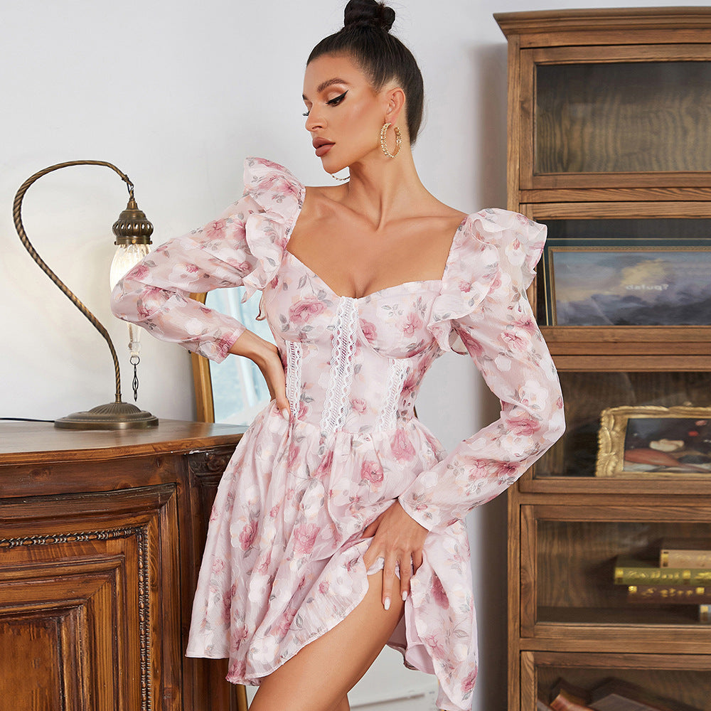 Robe d'été Sexy rétro, col en V, manches longues, imprimé Floral sur le côté, grande robe trapèze pour femmes