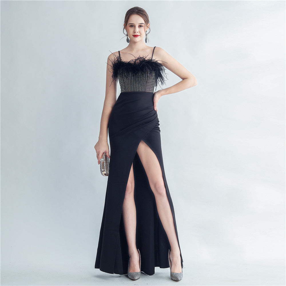 Craft Order Ostrich Feather Drilling Sling Side Slit High End Evening Dress