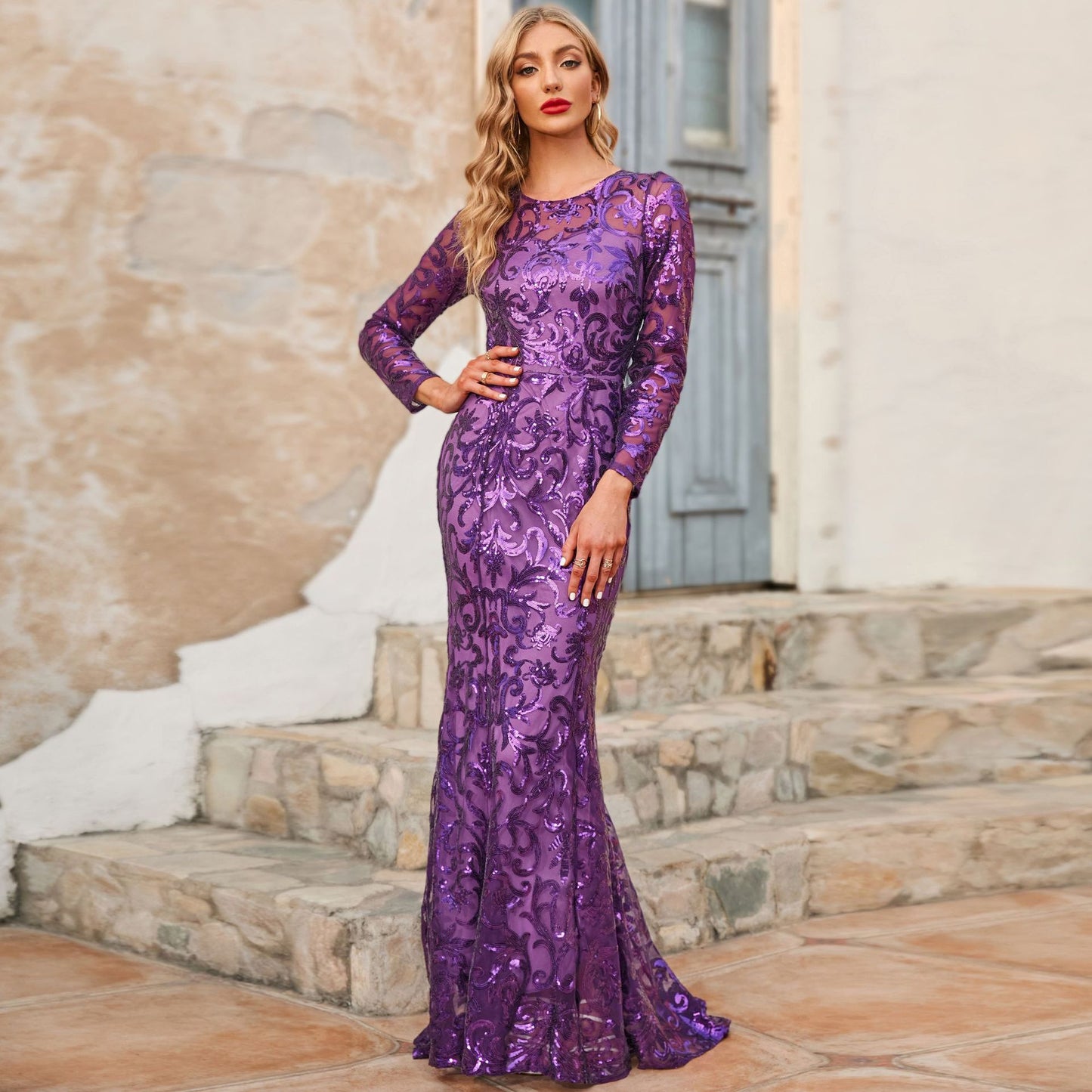 Printemps automne robe à paillettes violet col rond longue robe de soirée robe à manches longues