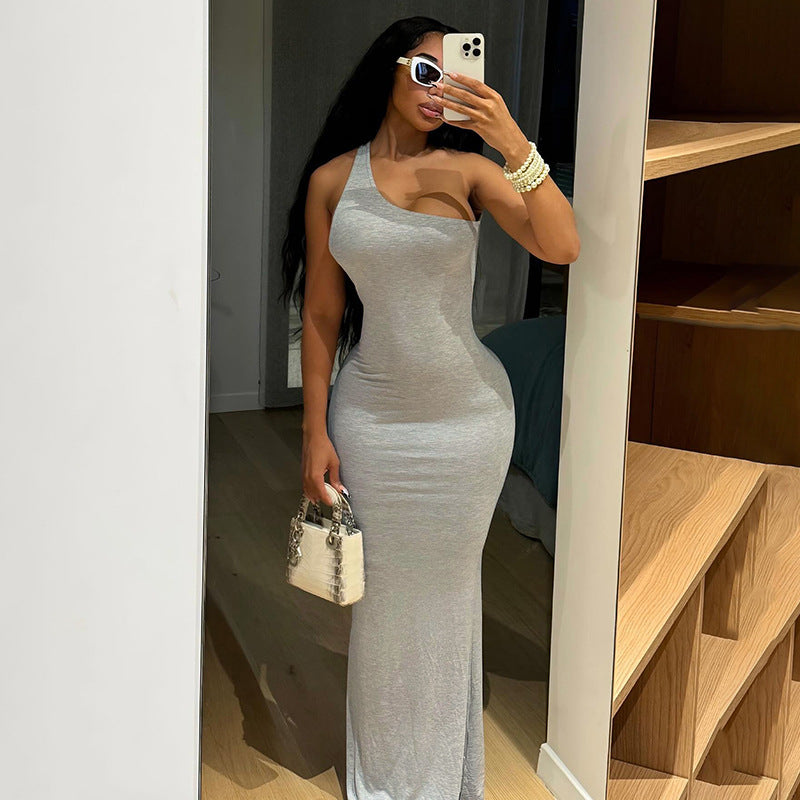 Women Clothing Summer Elegant Solid Color One Shoulder Sleeveless Slim Fishtail Length Dress