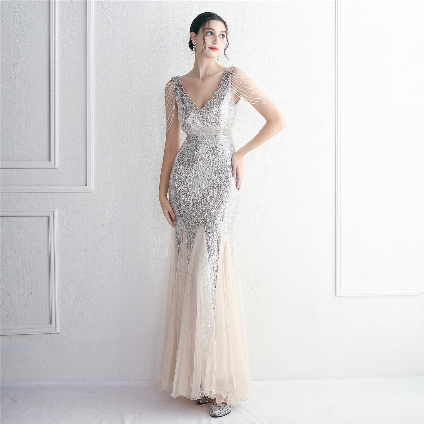 Sequin Mesh Craft Beaded Party Dress Long Cocktail Slim Fit Evening Dress Elegant Long