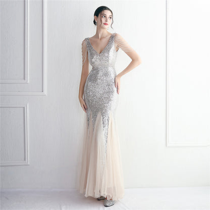 Sequin Mesh Craft Beaded Party Dress Long Cocktail Slim Fit Evening Dress Elegant Long