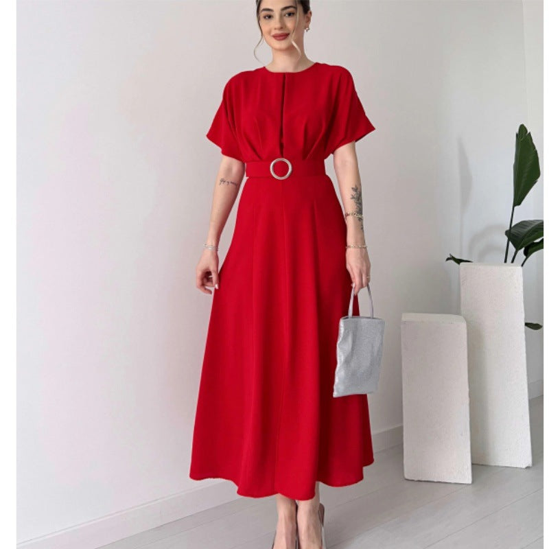 Women Spring Summer Solid Color Chest Pleated Drawstring Dress Long Dress