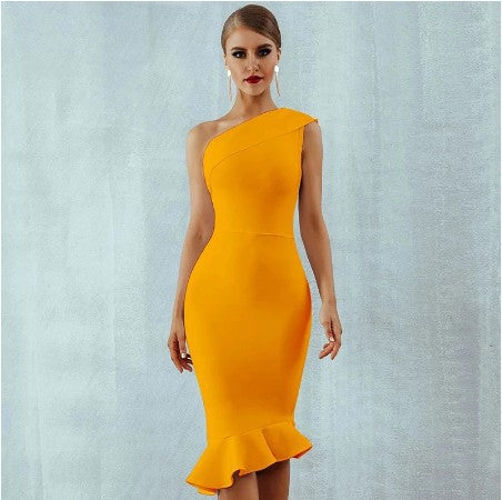 New Women Strapless Sloping Shoulder Fishtail Bandage One-Piece Dress Small Dress Female Bandage Dress