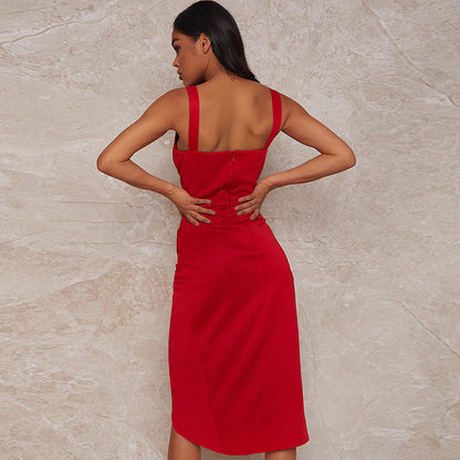 Red Camisole Evening Dress Elegant Split Sexy Tube Top Evening Dress Cocktail Party Women Dress