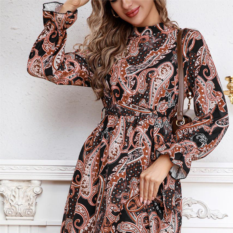 Ethnic Retro Printed Shirt Dress with Belt Slimming Elegant Puff Sleeve Dress Dress Women