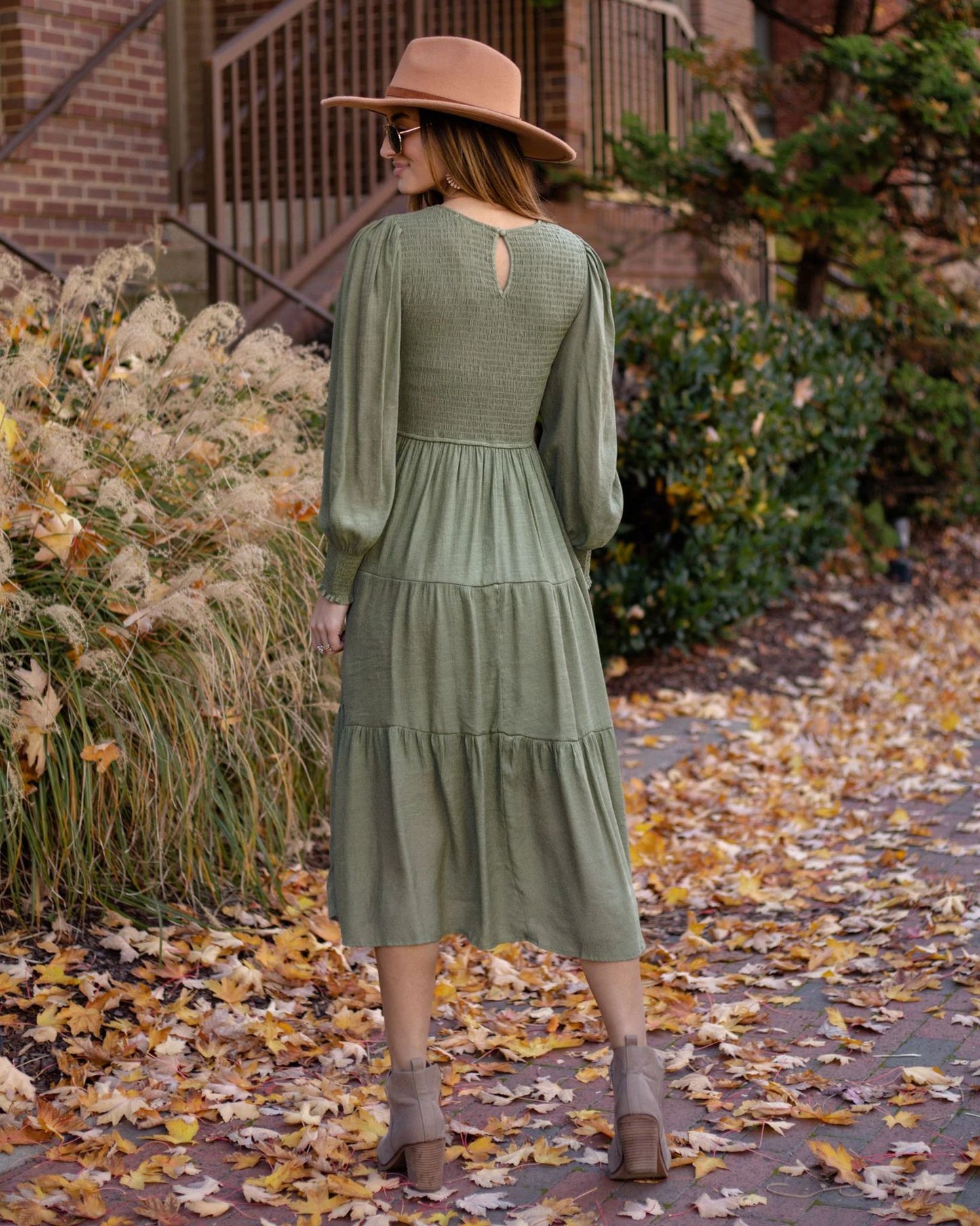 Vestido fruncido con mangas abullonadas y cuello redondo estilo retro francés para mujer Otoño Invierno