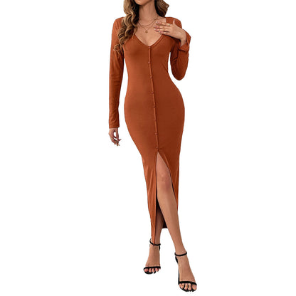 Popular Sexy Deep V Plunge neck Slim Fit Slimming Hem Slit Sheath Dress