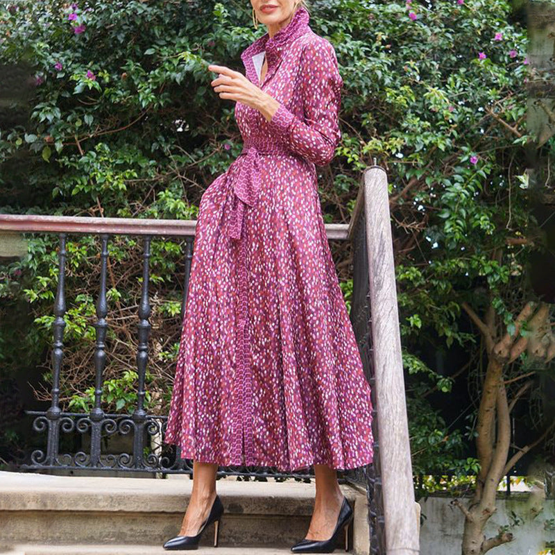 Ropa de mujer de otoño Vestido de longitud media con cuello y manga larga estampado