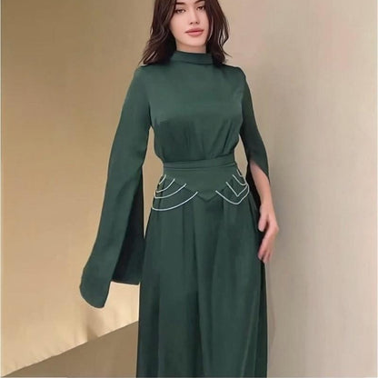 Autumn Solid Color Split Long Sleeve Belt Slim Dress