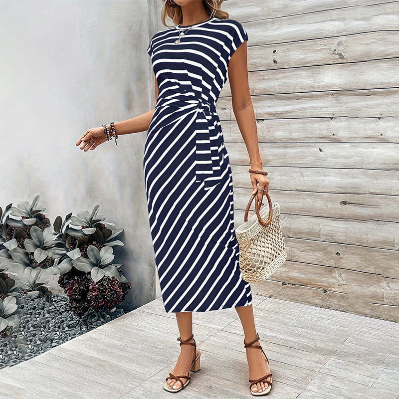 Elegant Waist Lace Up Striped Round Neck Short Sleeve Long Pattern Dress Summer Women High Grade Women Dress