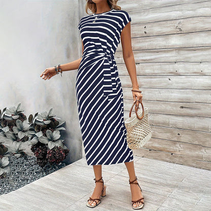 Elegant Waist Lace Up Striped Round Neck Short Sleeve Long Pattern Dress Summer Women High Grade Women Dress