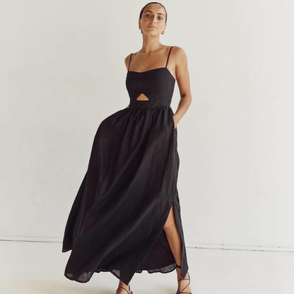 Vestido largo de cintura alta con tirantes transpirables negros para mujer para primavera y otoño