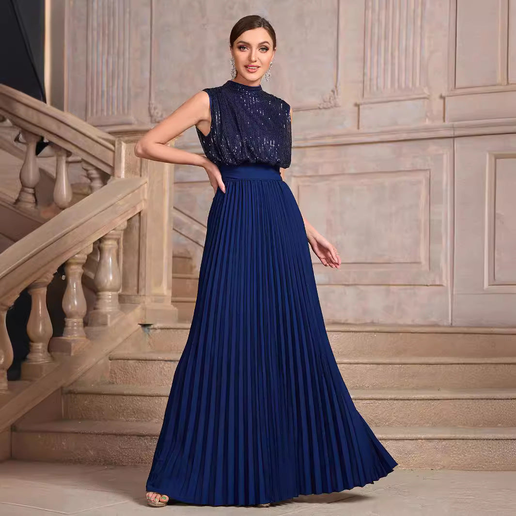 Robe de soirée cocktail plissée à lacets et à sequins de couleur unie, dos nu, sans manches, coupe slim, pour femmes