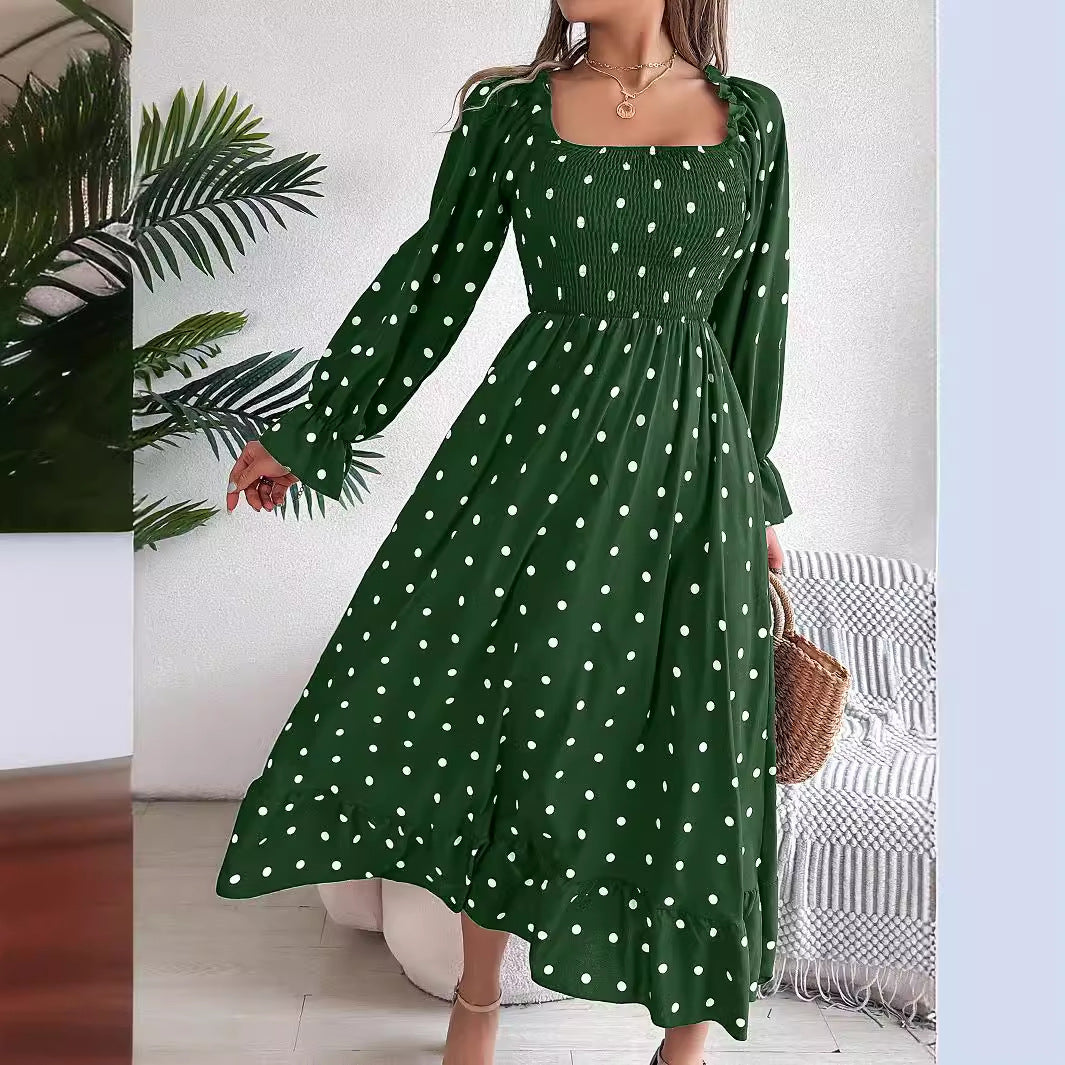 Real Shot Autumn Winter Casual Wooden Ear Square Collar Polka Dot Large Swing Dress Women