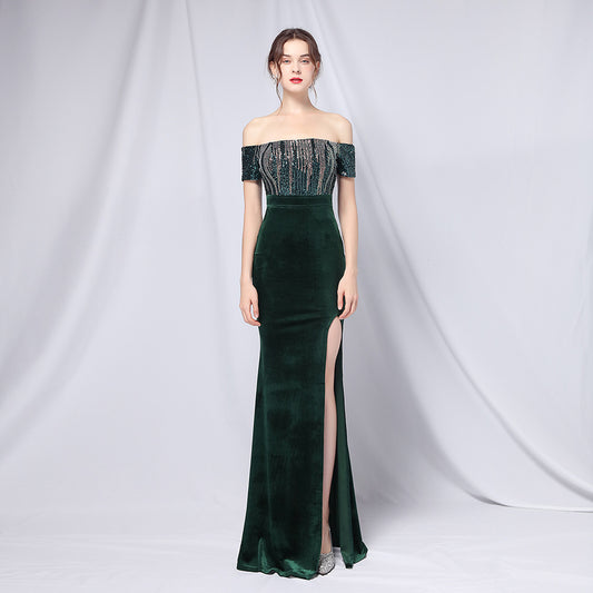 Velvet Gradient Sequin off-Shoulder Banquet Evening Dress Dress Company Annual Meeting Female Sexy Long Slit Formal Gown