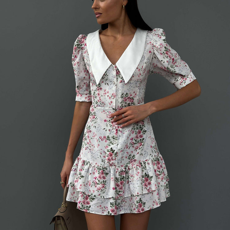 Floral Dress Women Summer High Grade French Short Sleeve Collared Waist Tight Slimming Tea Break A line Dress