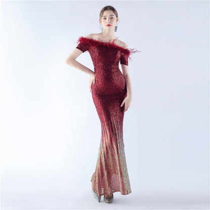 Craft Ostrich Feather Gradient Sequin off Shoulder High End Evening Dress