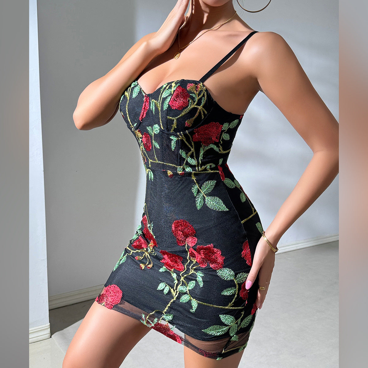 Women Clothing Summer Handmade Embroidery Rose Sexy Spaghetti Straps Corset Dress