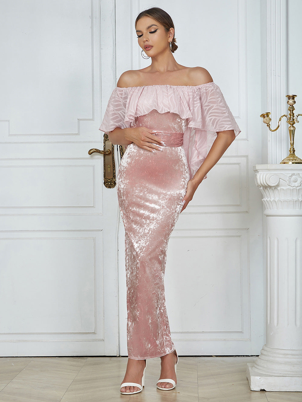 Robe de cocktail sexy en velours rose à volants et ceinture, automne