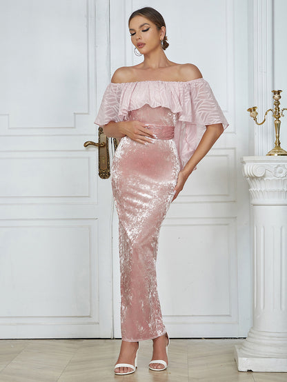 Robe de cocktail sexy en velours rose à volants et ceinture, automne